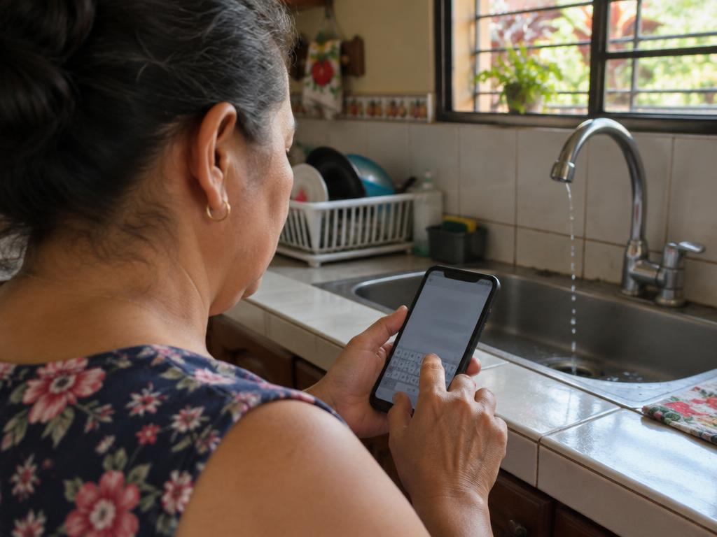 Señora escribiendo por el celular en su cocina con una fuga en la pila