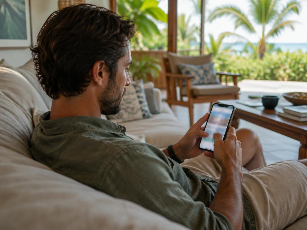 Hombre en su sala comparando opciones en el celular